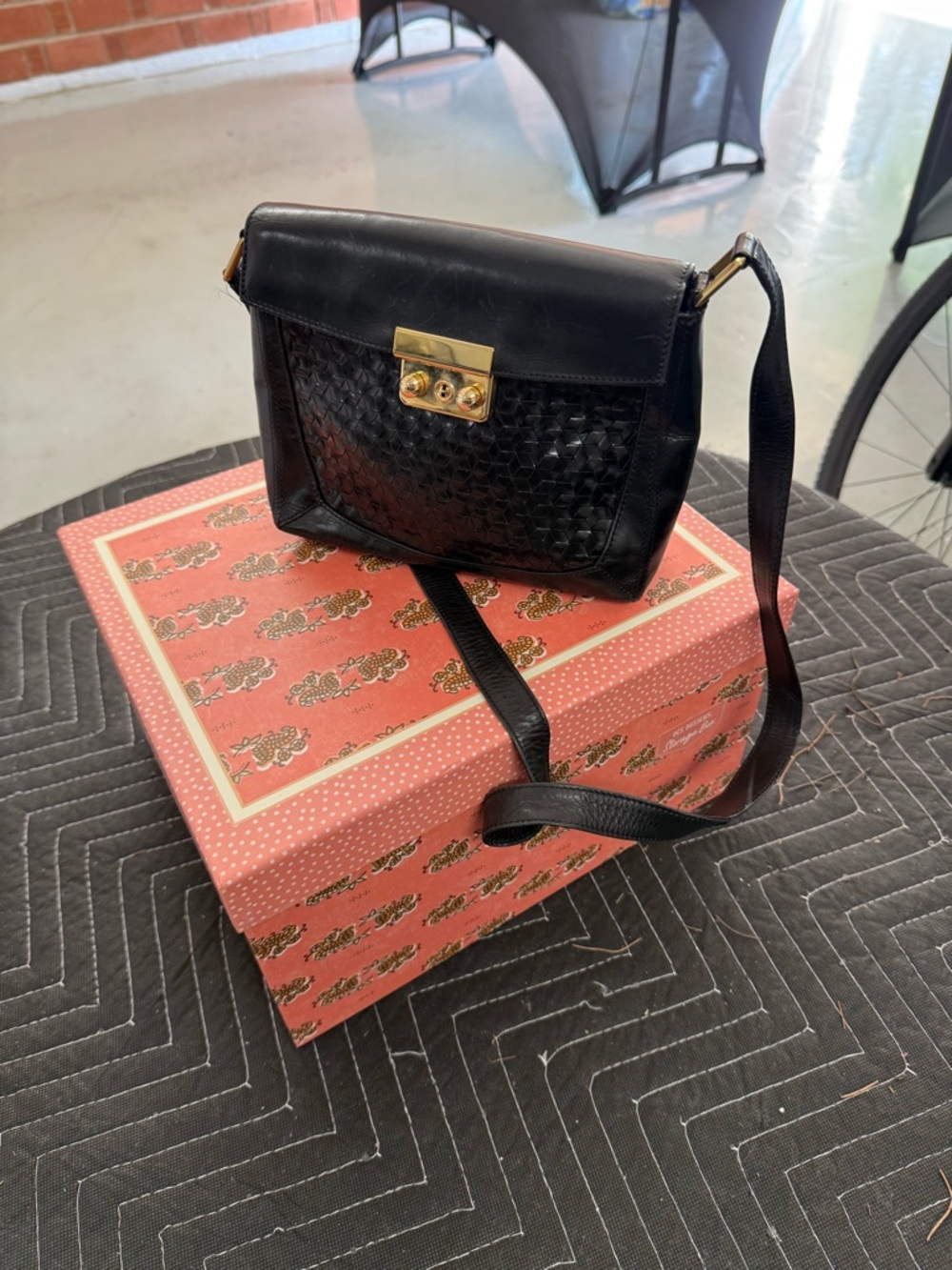 Classic Black Leather Crossbody with Gold Push-Lock Closure